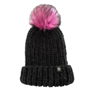 (30% Off) Beanie - Luxe Merino Folded Pom in Solid Black with Neon Pink Faux Fur by Nickichicki