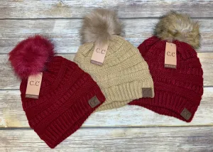 Authentic CC Adults Solid Knit Ribbed Beanie with Faux Fur Pom