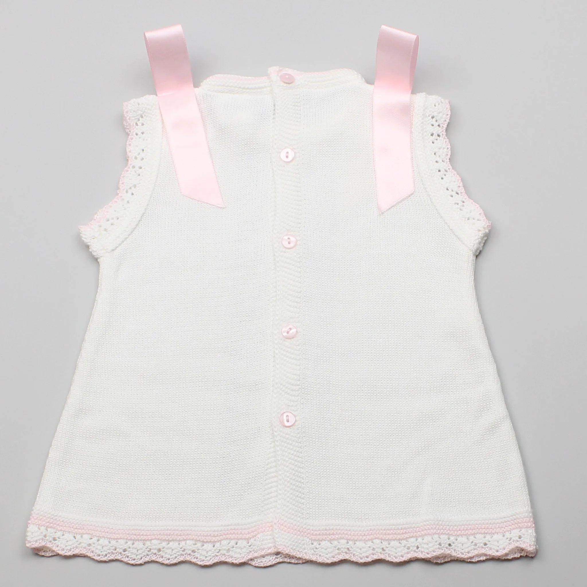 Baby Girls Knitted White and Pink Satin Bow Dress With Pants