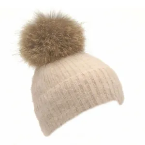 Beanie/Raccoon PomPom - Beige
