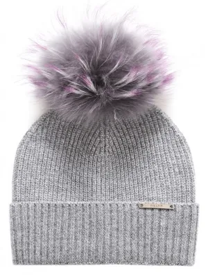 BKLYN Wool Beanie Pepper Grey Hat Purple Pom Pom