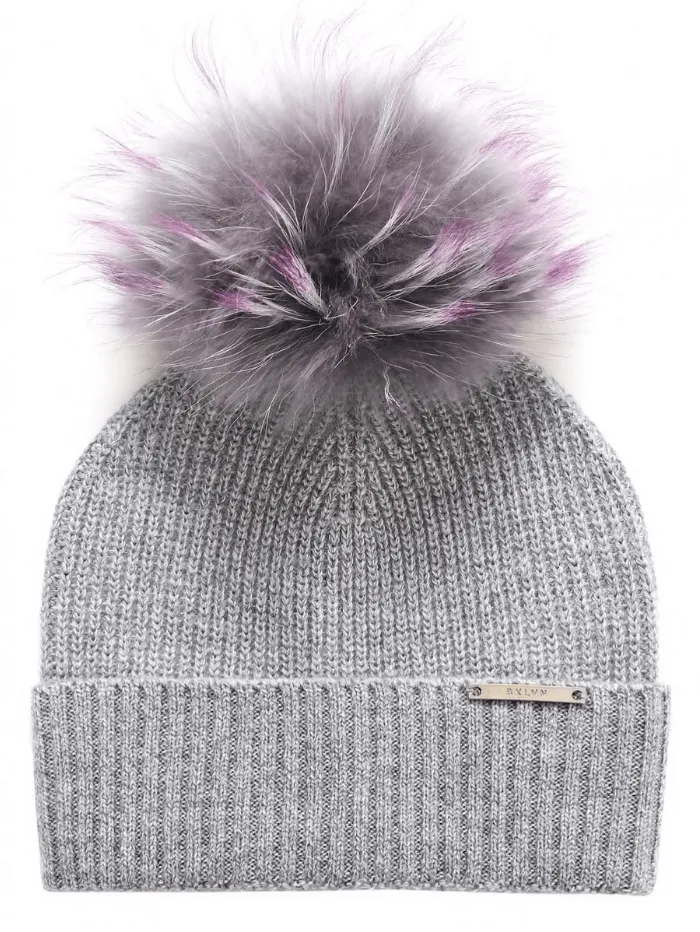 BKLYN Wool Beanie Pepper Grey Hat Purple Pom Pom