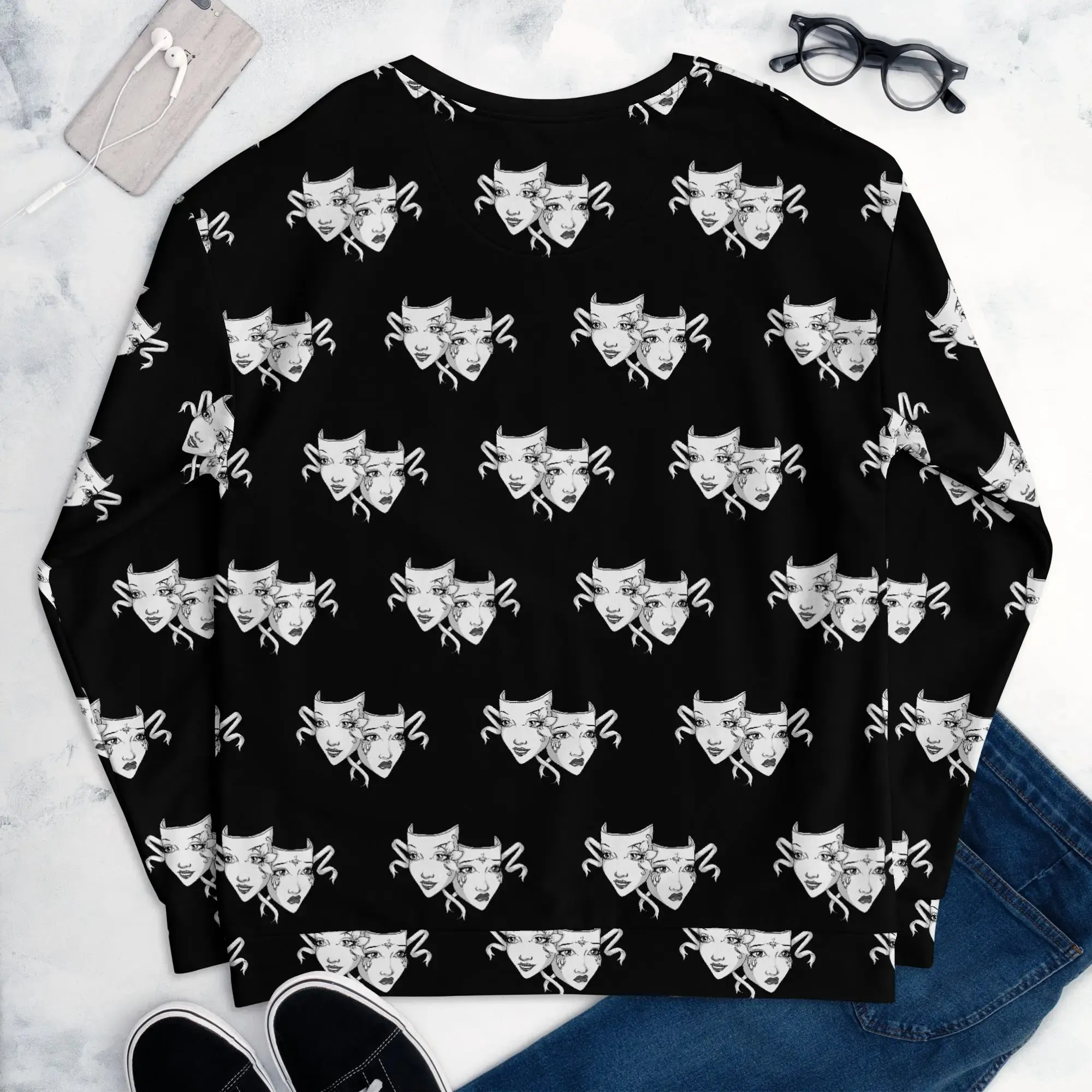 Bold Drama Mask All-Over Print Unisex Recycled Pullover