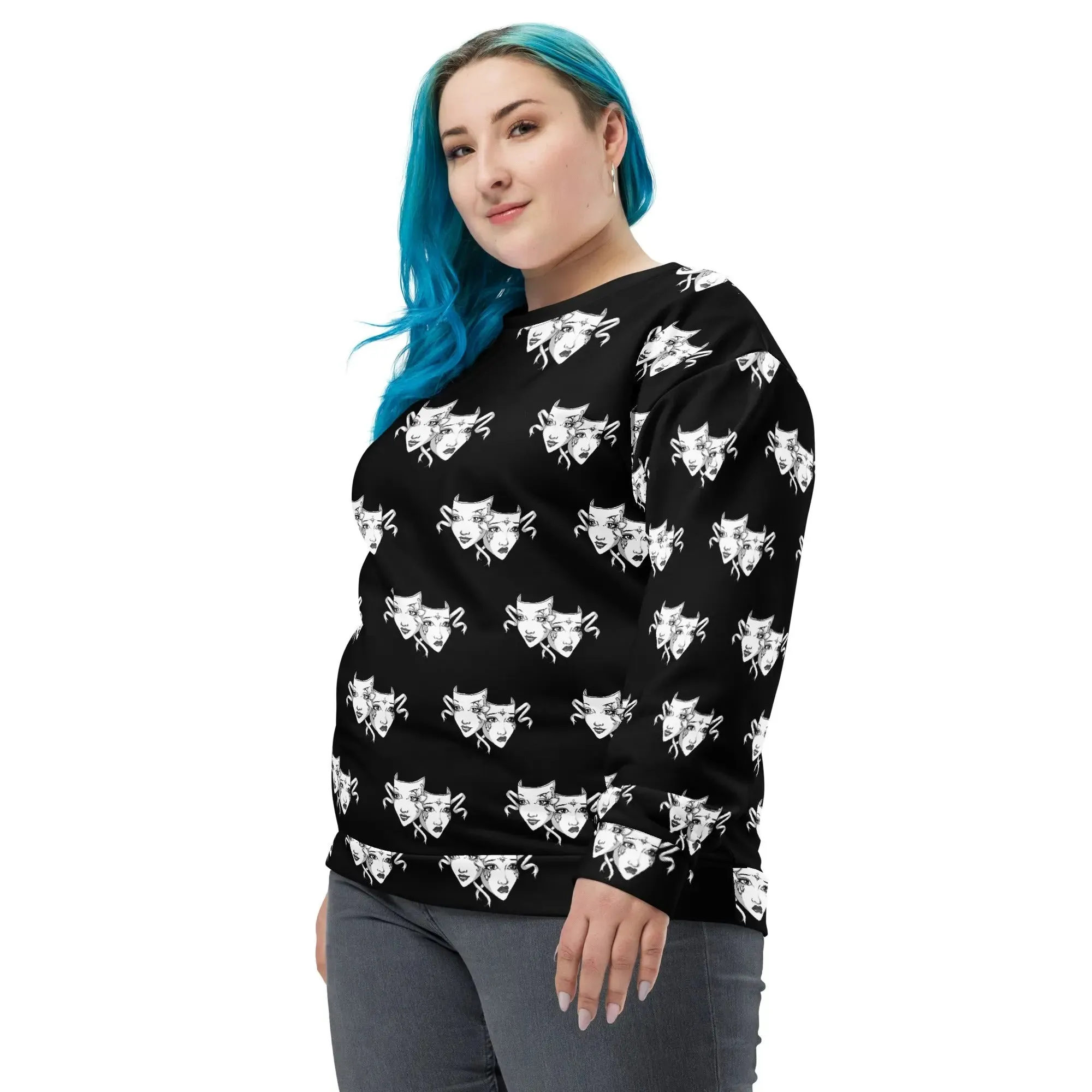 Bold Drama Mask All-Over Print Unisex Recycled Pullover