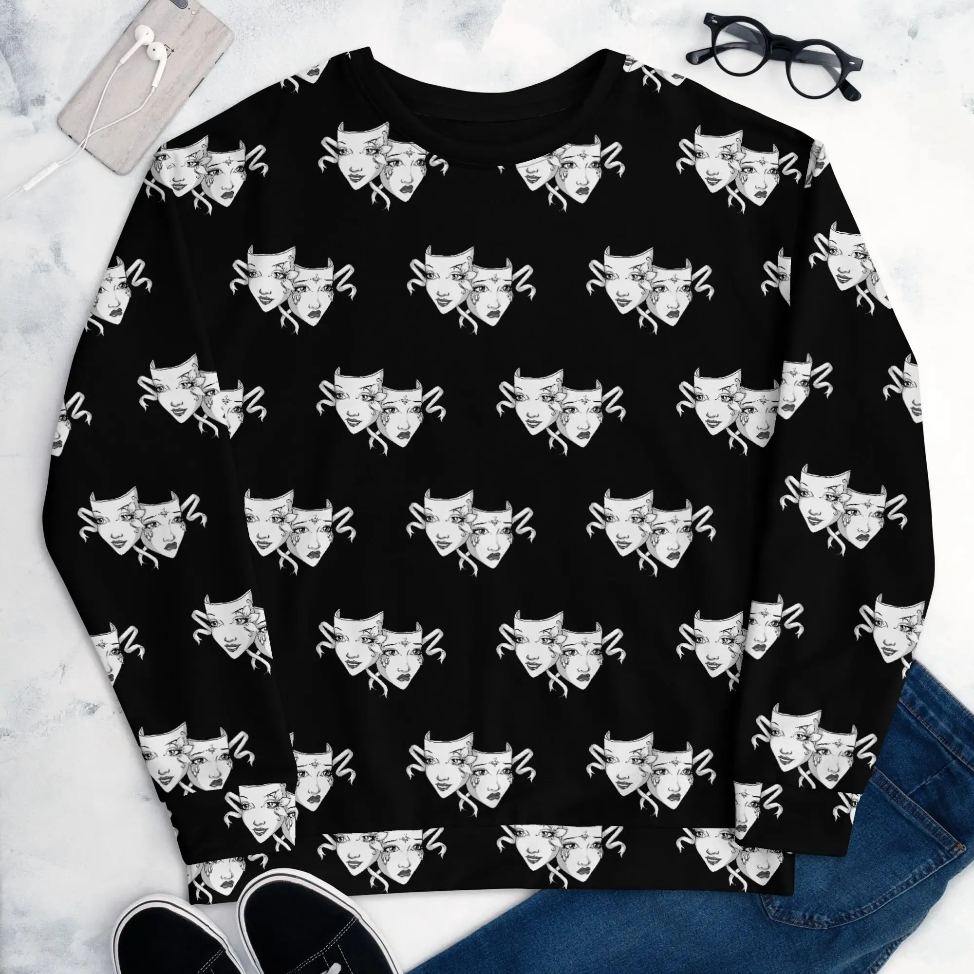 Bold Drama Mask All-Over Print Unisex Recycled Pullover