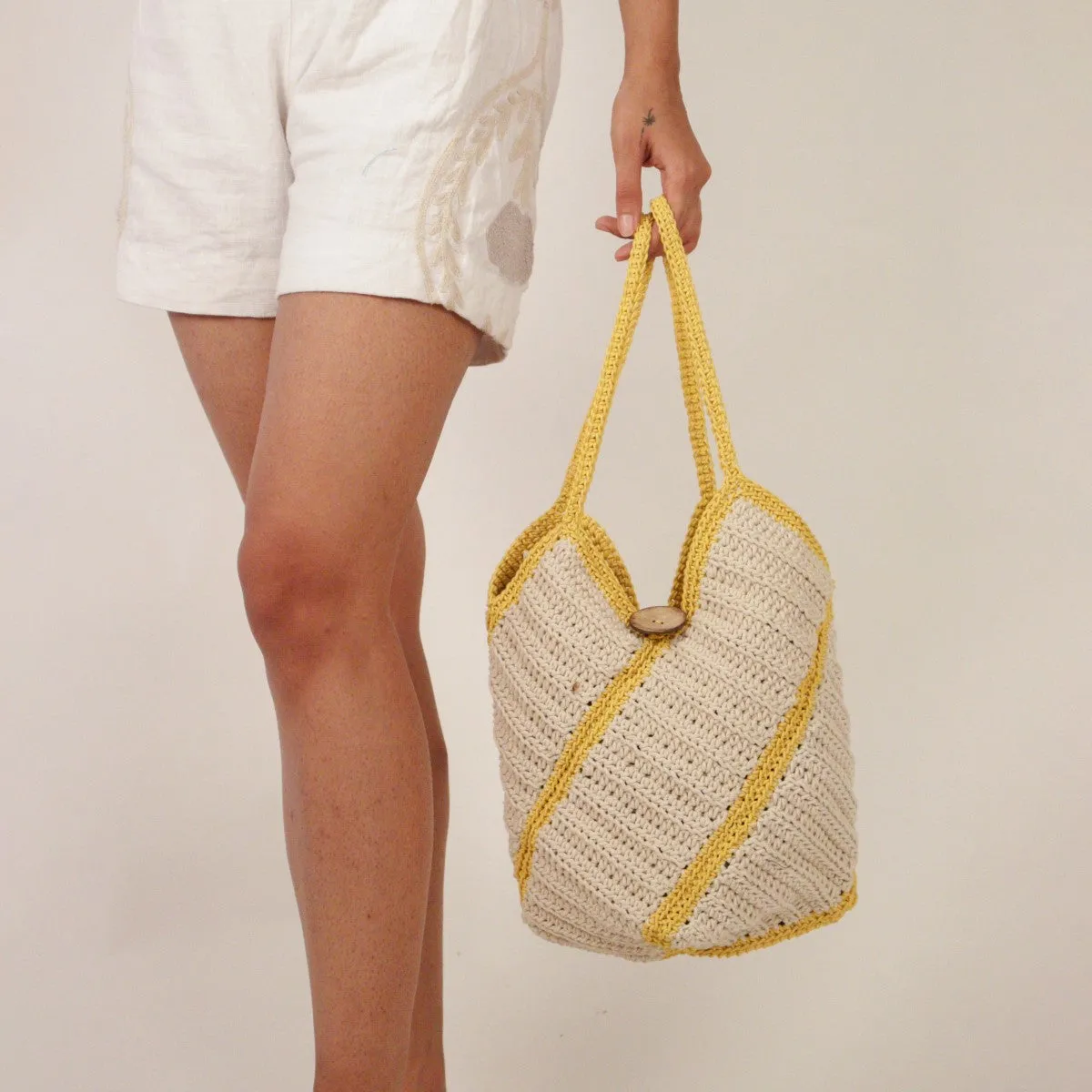 Bucket Hand Bag | Hand-Crafted | Cotton | Off White & Mustard
