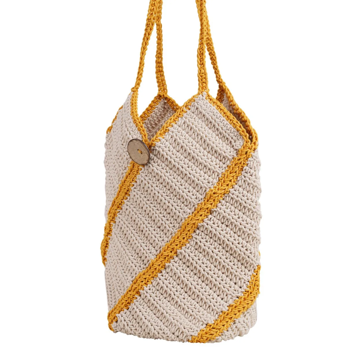 Bucket Hand Bag | Hand-Crafted | Cotton | Off White & Mustard