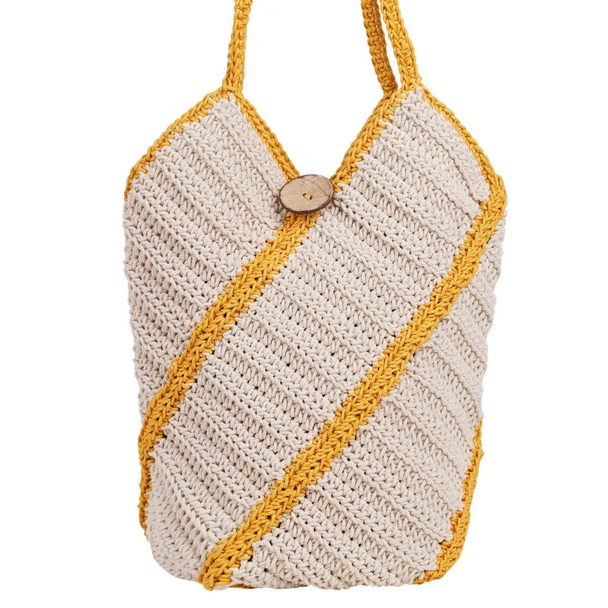 Bucket Hand Bag | Hand-Crafted | Cotton | Off White & Mustard