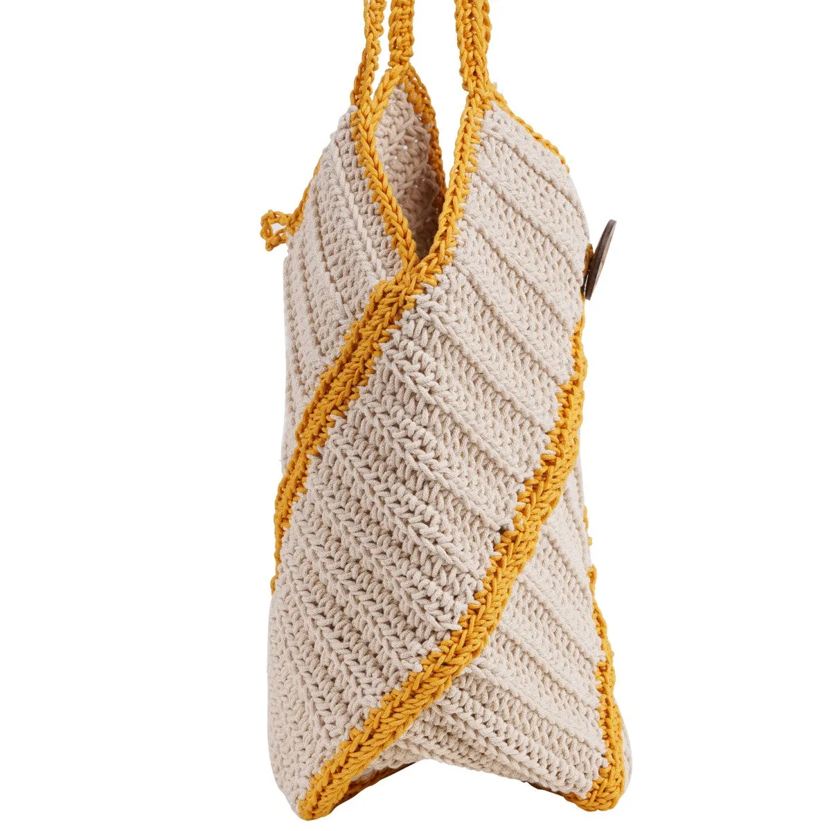 Bucket Hand Bag | Hand-Crafted | Cotton | Off White & Mustard
