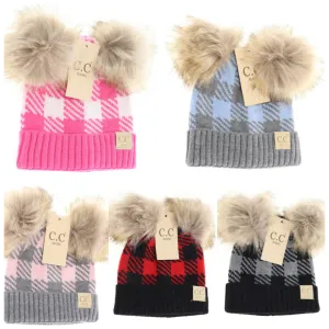 C.C. Baby Beanie Buffalo Check Double Pom  **Multiple colors