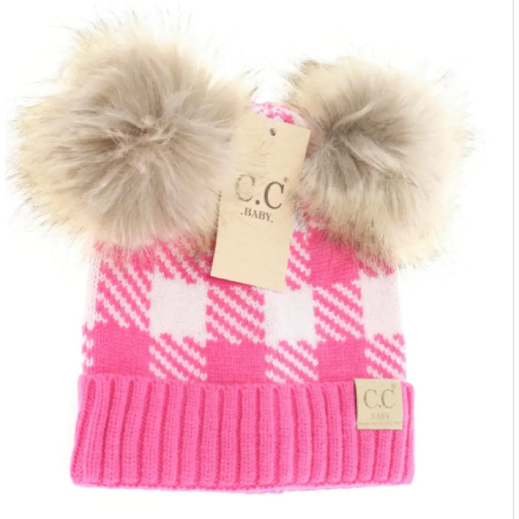 C.C. Baby Beanie Buffalo Check Double Pom  **Multiple colors