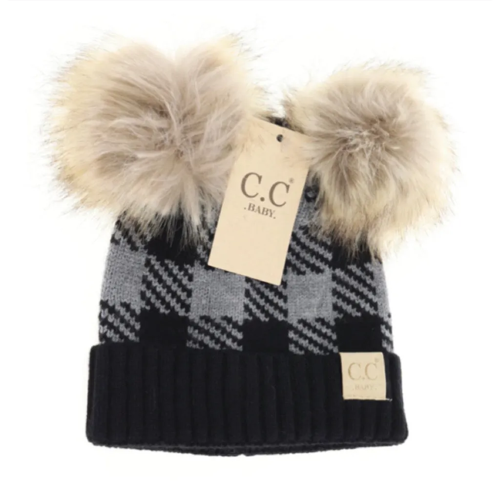 C.C. Baby Beanie Buffalo Check Double Pom  **Multiple colors