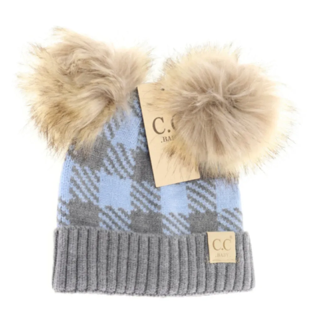 C.C. Baby Beanie Buffalo Check Double Pom  **Multiple colors