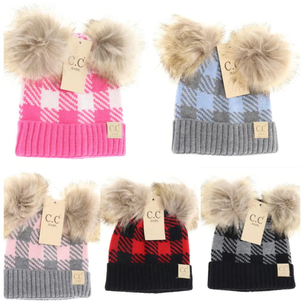 C.C. Baby Beanie Buffalo Check Double Pom  **Multiple colors