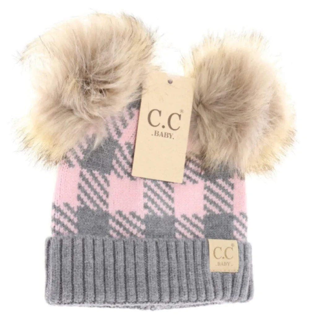 C.C. Baby Beanie Buffalo Check Double Pom  **Multiple colors