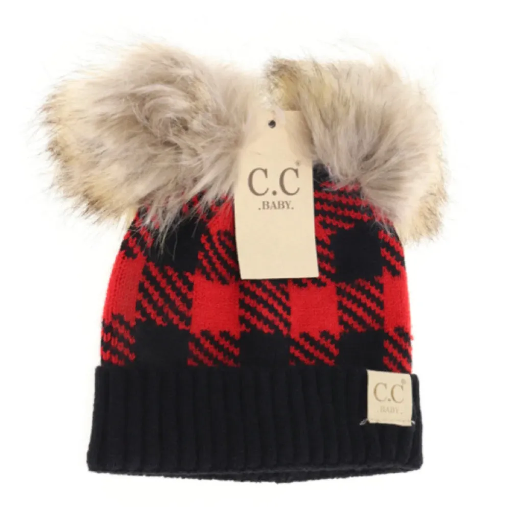 C.C. Baby Beanie Buffalo Check Double Pom  **Multiple colors