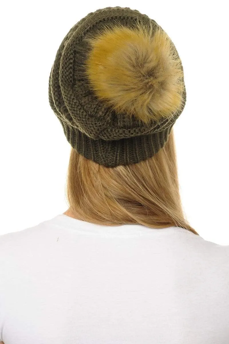 C.C Hat 43 - Slouchy Thick Warm Cap Hat Skully Faux Fur Pom Pom Cable Knit Beanie