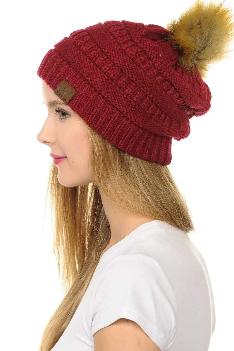 C.C Hat 43 - Slouchy Thick Warm Cap Hat Skully Faux Fur Pom Pom Cable Knit Beanie