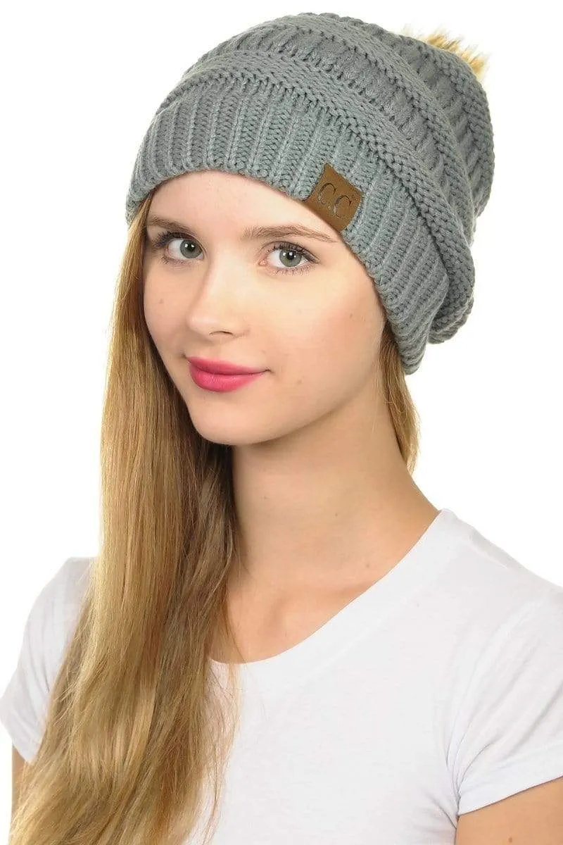 C.C Hat 43 - Slouchy Thick Warm Cap Hat Skully Faux Fur Pom Pom Cable Knit Beanie