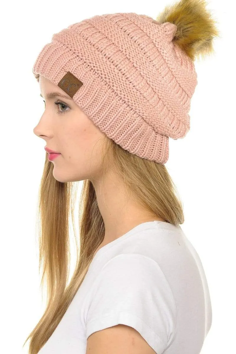 C.C Hat 43 - Slouchy Thick Warm Cap Hat Skully Faux Fur Pom Pom Cable Knit Beanie