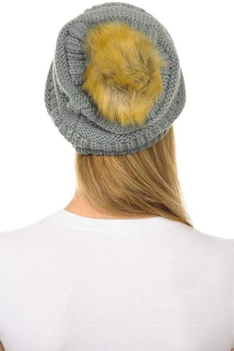C.C Hat 43 - Slouchy Thick Warm Cap Hat Skully Faux Fur Pom Pom Cable Knit Beanie