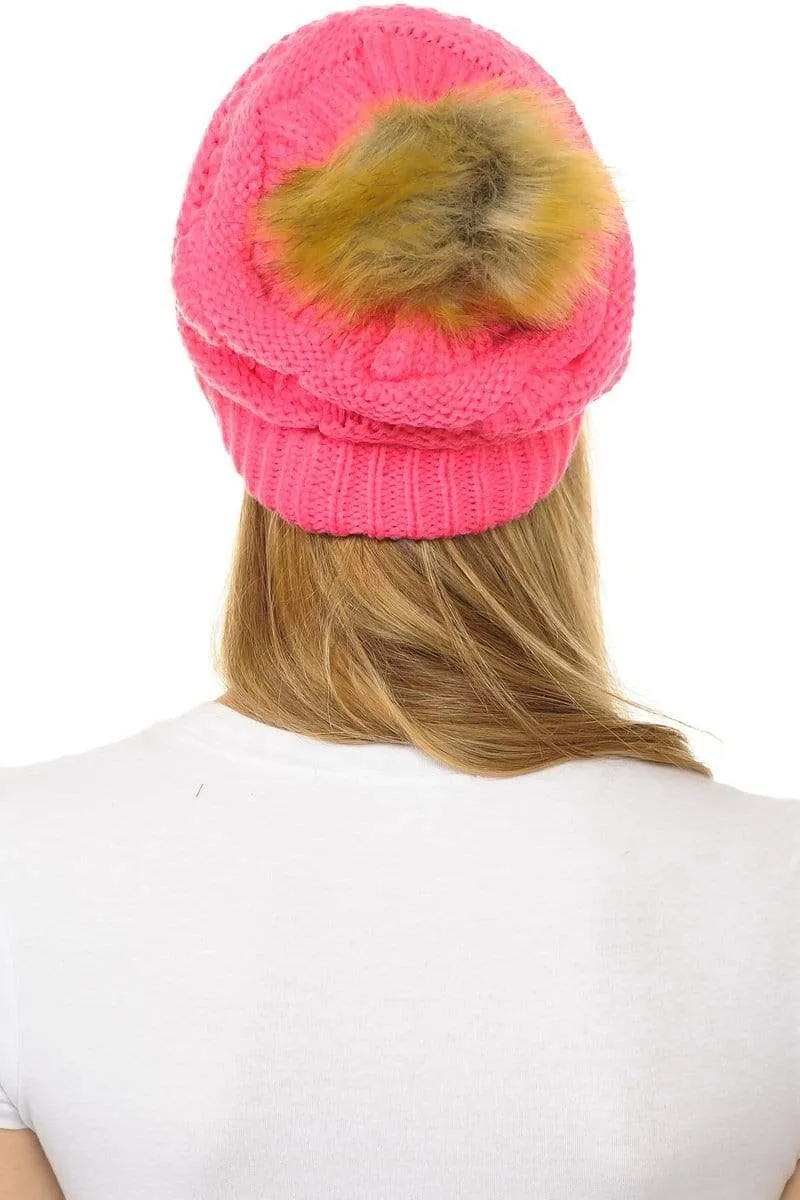 C.C Hat 43 - Slouchy Thick Warm Cap Hat Skully Faux Fur Pom Pom Cable Knit Beanie