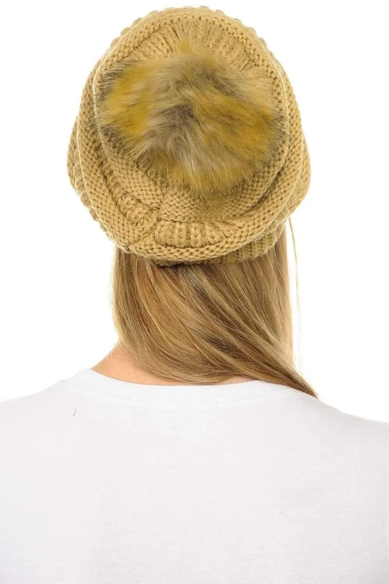 C.C Hat 43 - Slouchy Thick Warm Cap Hat Skully Faux Fur Pom Pom Cable Knit Beanie