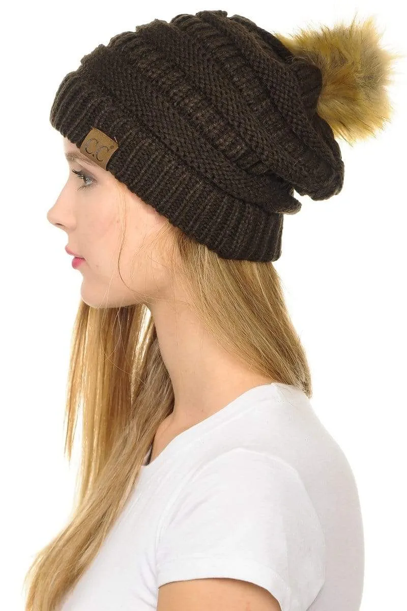 C.C Hat 43 - Slouchy Thick Warm Cap Hat Skully Faux Fur Pom Pom Cable Knit Beanie