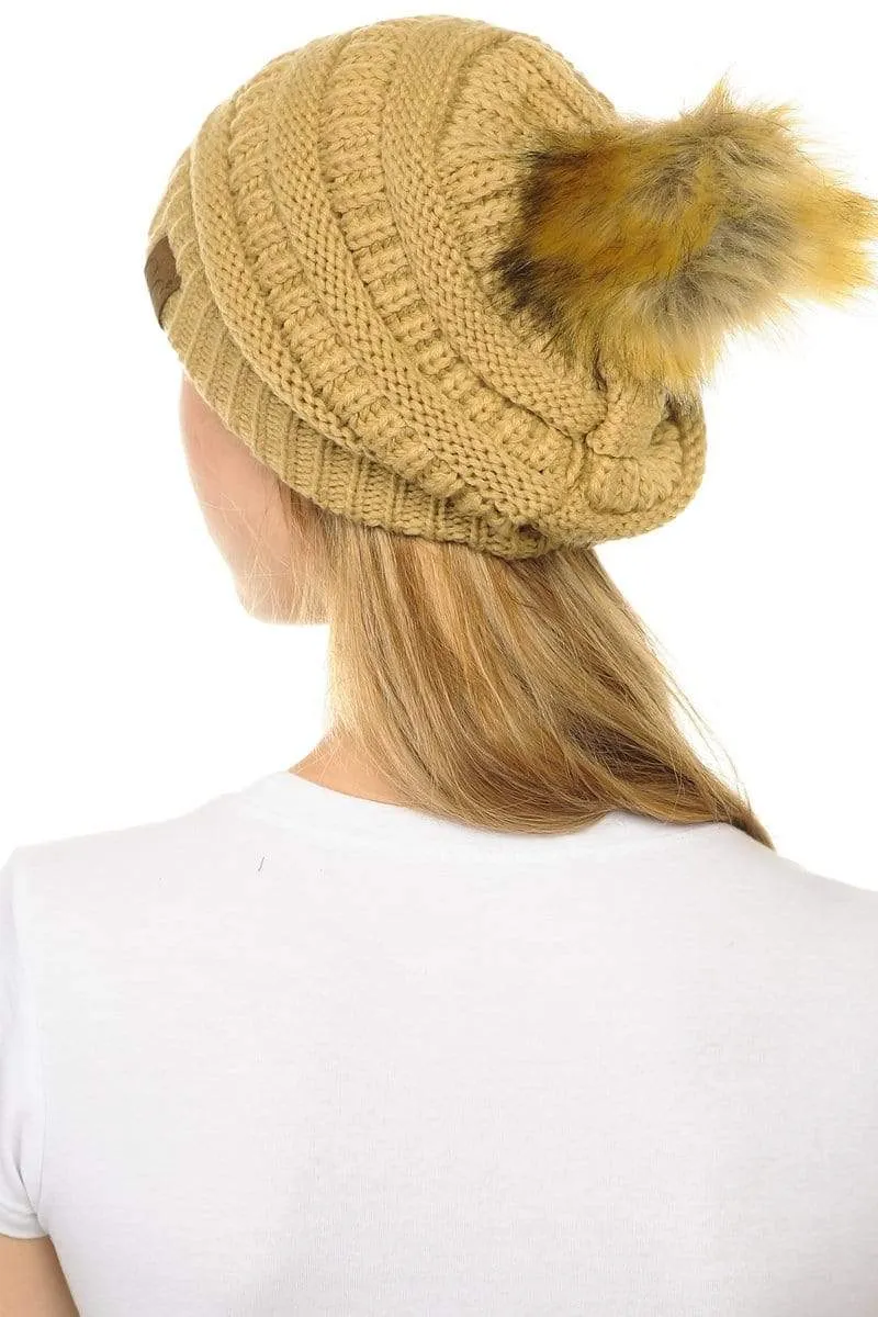 C.C Hat 43 - Slouchy Thick Warm Cap Hat Skully Faux Fur Pom Pom Cable Knit Beanie