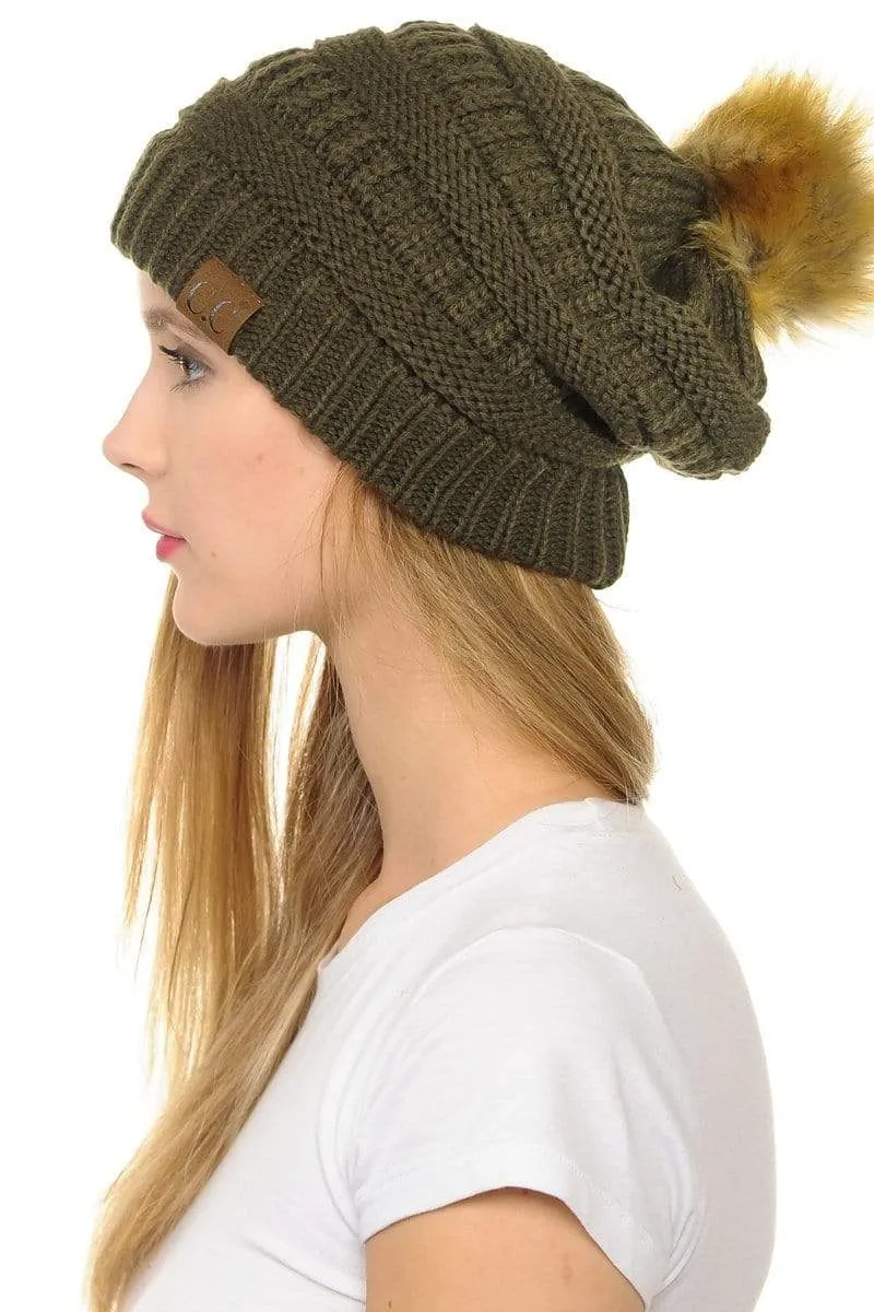 C.C Hat 43 - Slouchy Thick Warm Cap Hat Skully Faux Fur Pom Pom Cable Knit Beanie