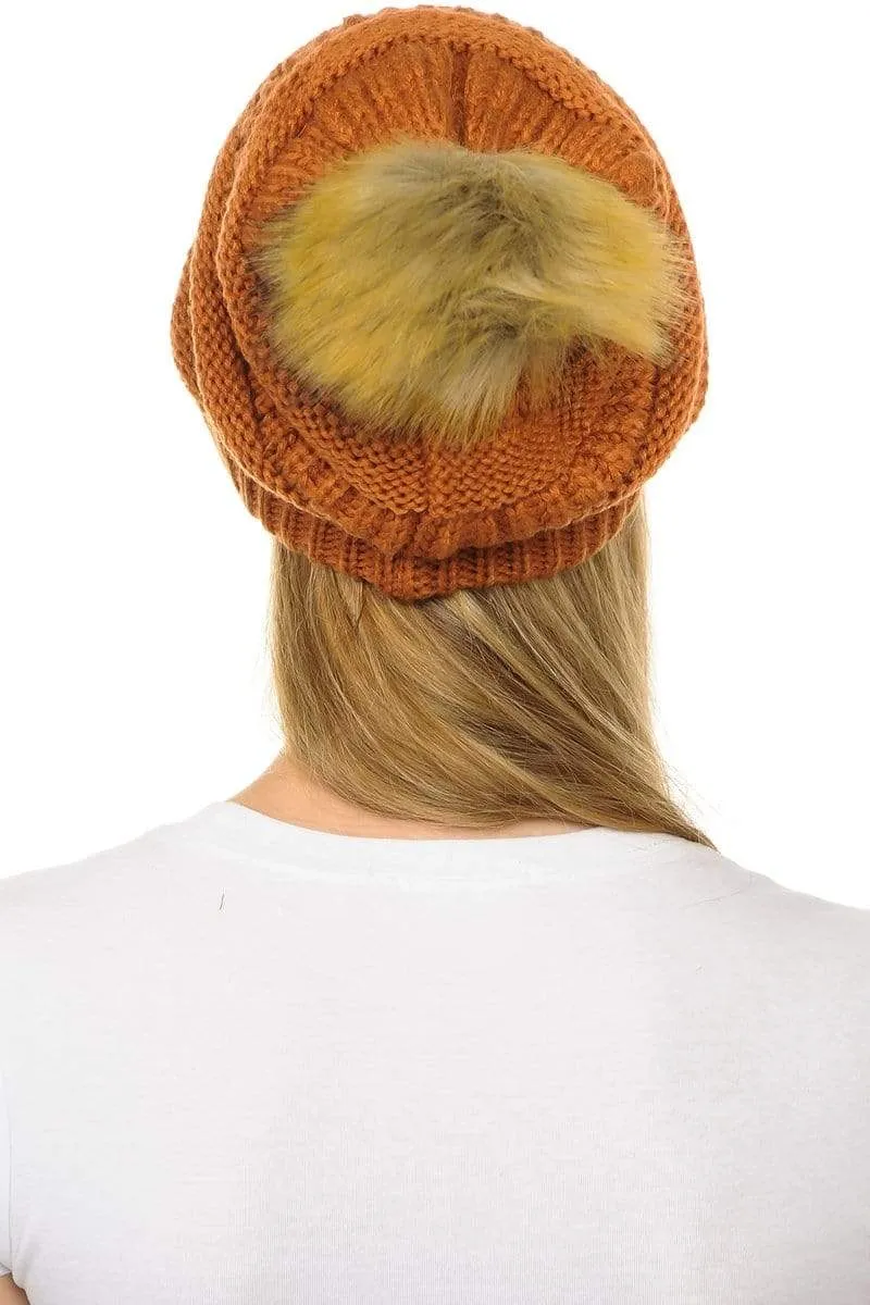 C.C Hat 43 - Slouchy Thick Warm Cap Hat Skully Faux Fur Pom Pom Cable Knit Beanie