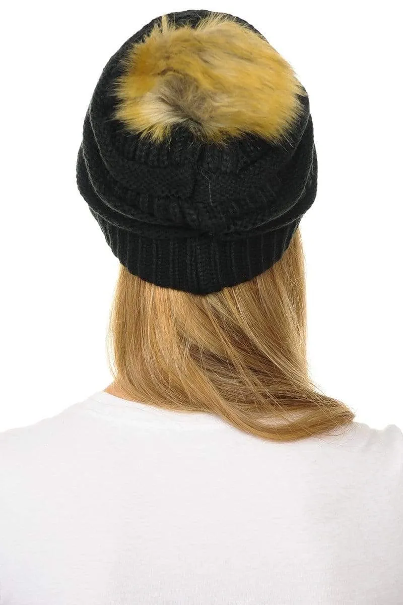 C.C Hat 43 - Slouchy Thick Warm Cap Hat Skully Faux Fur Pom Pom Cable Knit Beanie