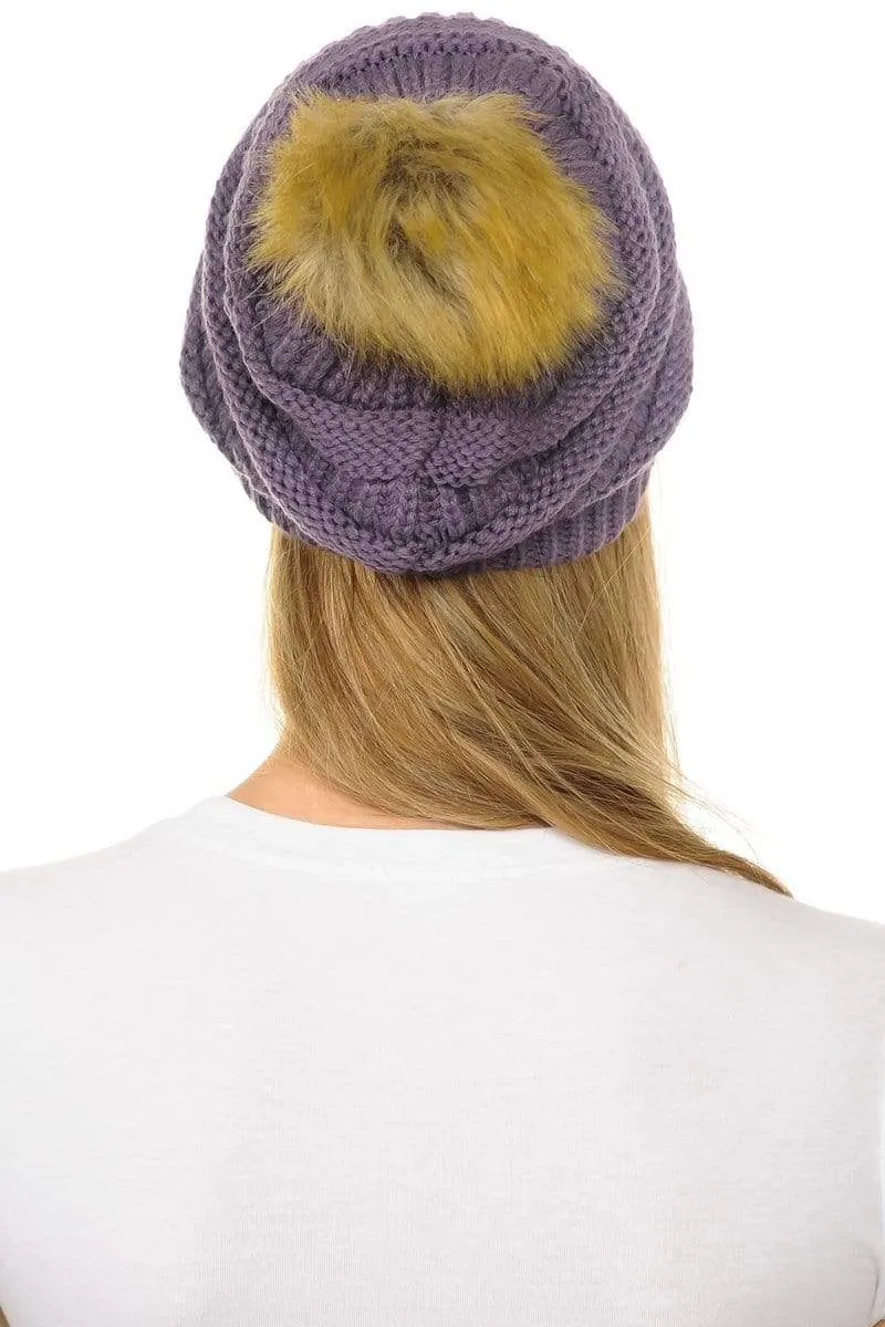C.C Hat 43 - Slouchy Thick Warm Cap Hat Skully Faux Fur Pom Pom Cable Knit Beanie