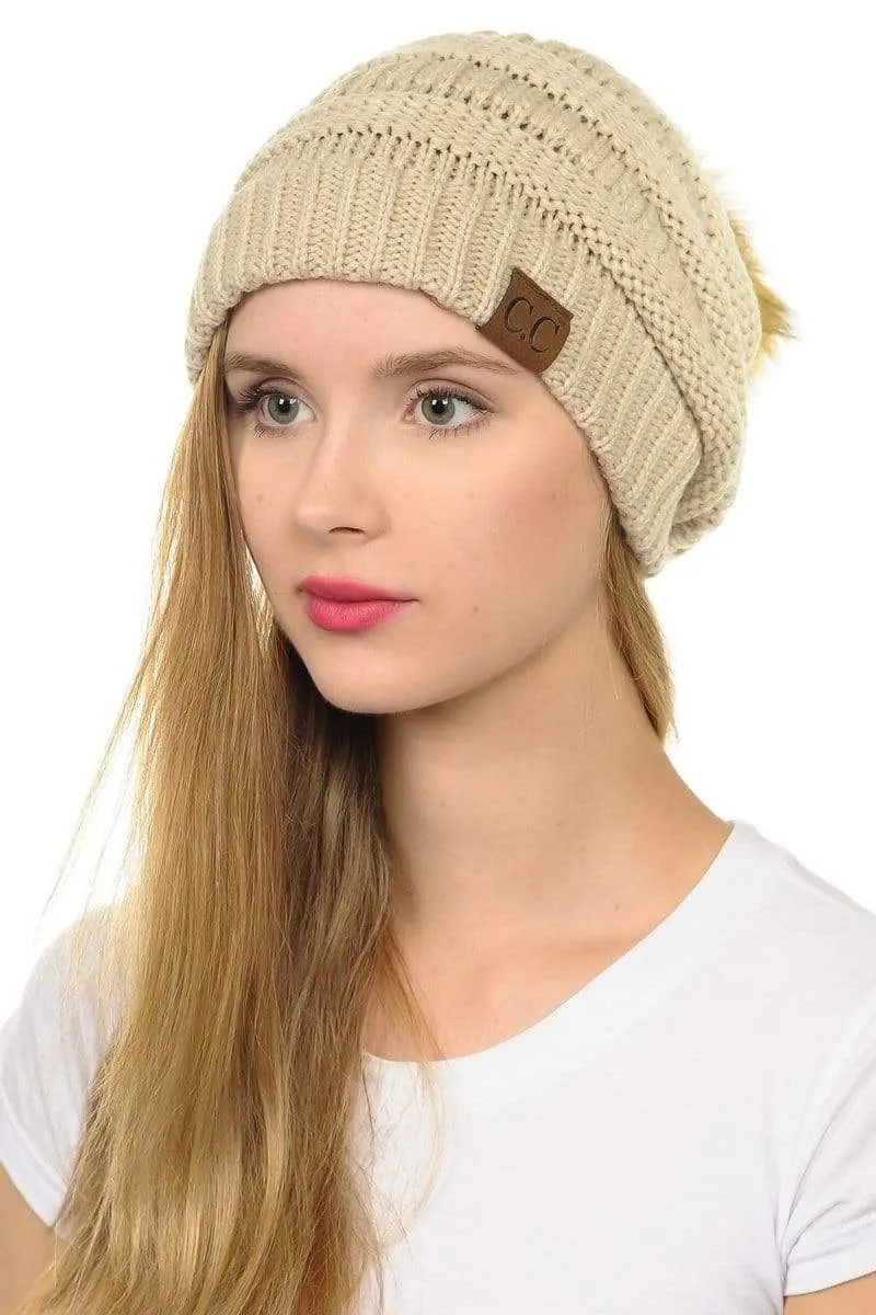 C.C Hat 43 - Slouchy Thick Warm Cap Hat Skully Faux Fur Pom Pom Cable Knit Beanie