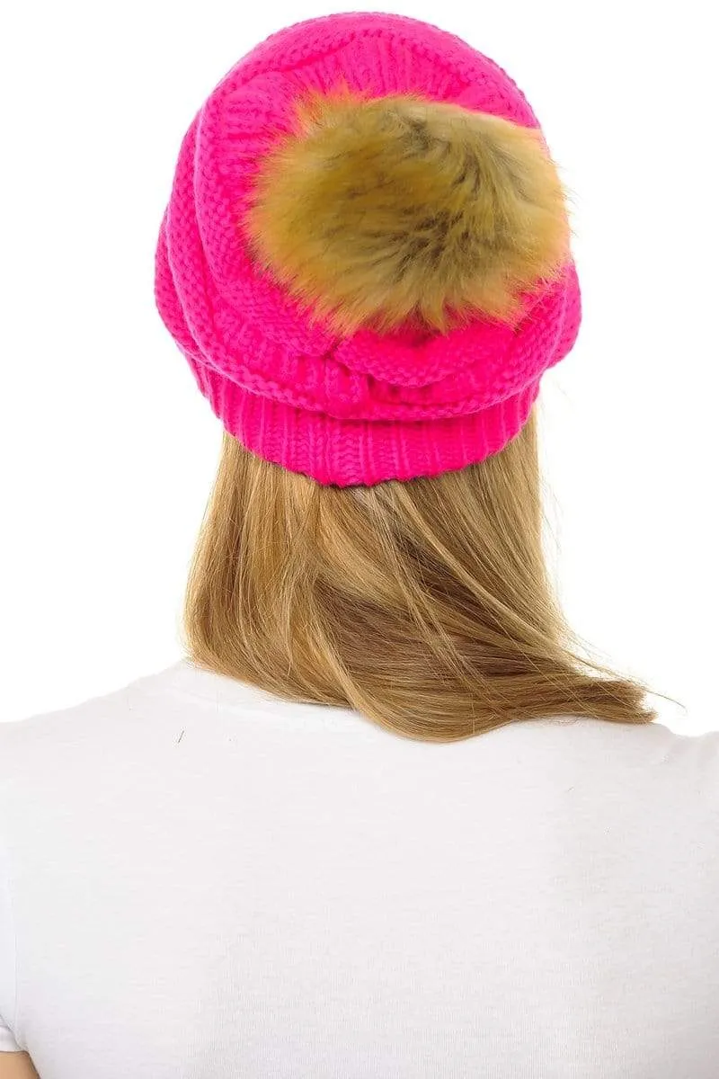 C.C Hat 43 - Slouchy Thick Warm Cap Hat Skully Faux Fur Pom Pom Cable Knit Beanie
