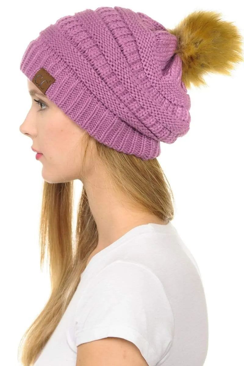 C.C Hat 43 - Slouchy Thick Warm Cap Hat Skully Faux Fur Pom Pom Cable Knit Beanie