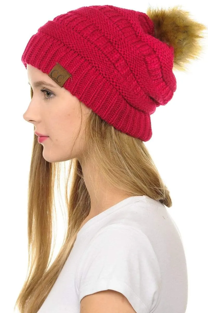 C.C Hat 43 - Slouchy Thick Warm Cap Hat Skully Faux Fur Pom Pom Cable Knit Beanie