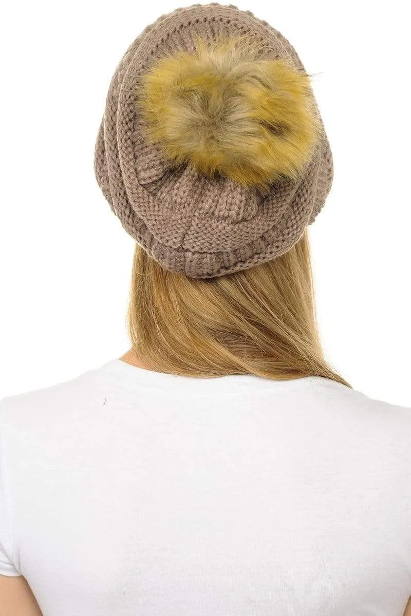 C.C Hat 43 - Slouchy Thick Warm Cap Hat Skully Faux Fur Pom Pom Cable Knit Beanie