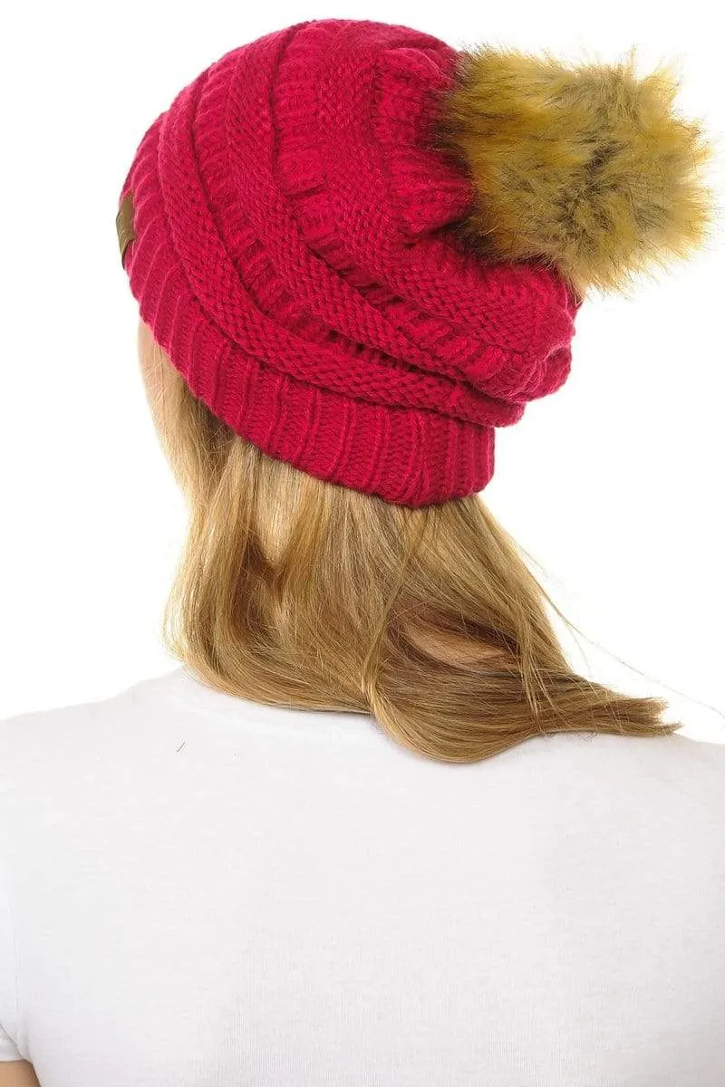 C.C Hat 43 - Slouchy Thick Warm Cap Hat Skully Faux Fur Pom Pom Cable Knit Beanie