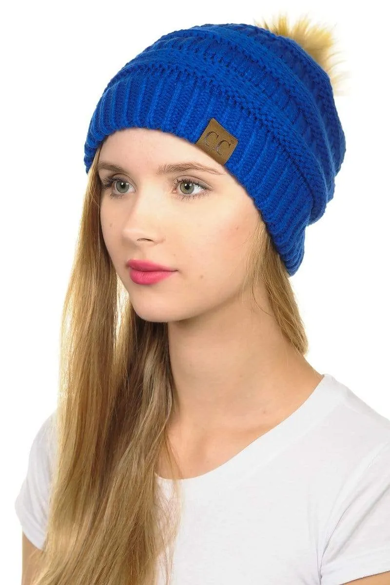 C.C Hat 43 - Slouchy Thick Warm Cap Hat Skully Faux Fur Pom Pom Cable Knit Beanie