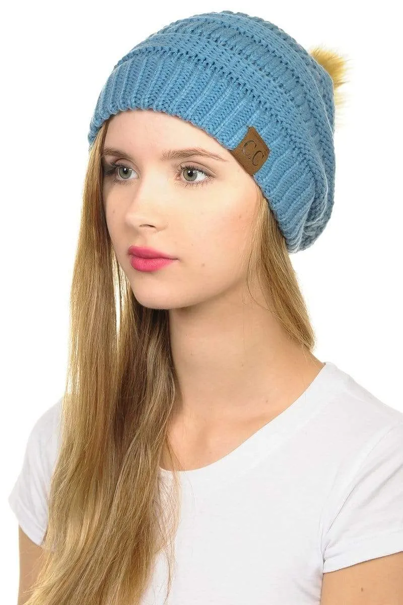 C.C Hat 43 - Slouchy Thick Warm Cap Hat Skully Faux Fur Pom Pom Cable Knit Beanie