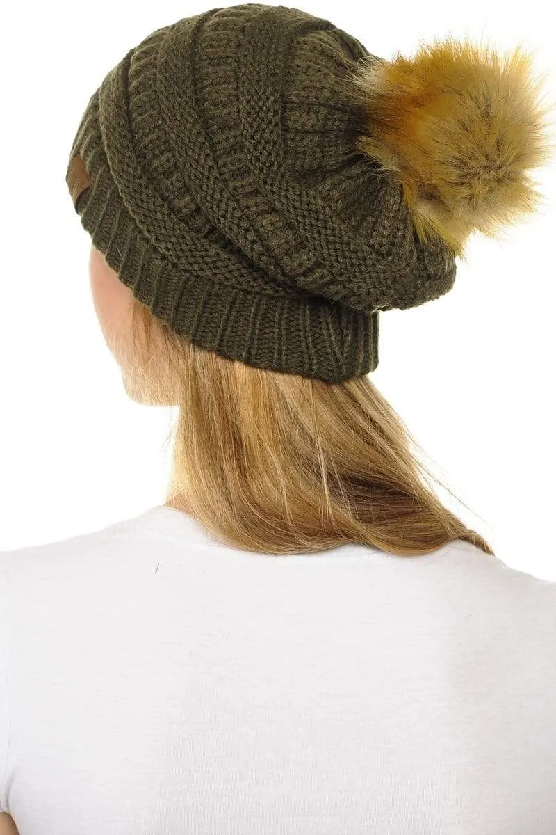 C.C Hat 43 - Slouchy Thick Warm Cap Hat Skully Faux Fur Pom Pom Cable Knit Beanie