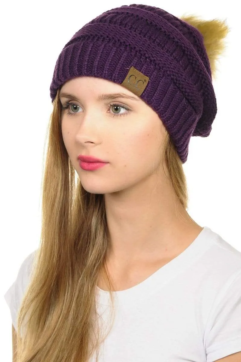 C.C Hat 43 - Slouchy Thick Warm Cap Hat Skully Faux Fur Pom Pom Cable Knit Beanie