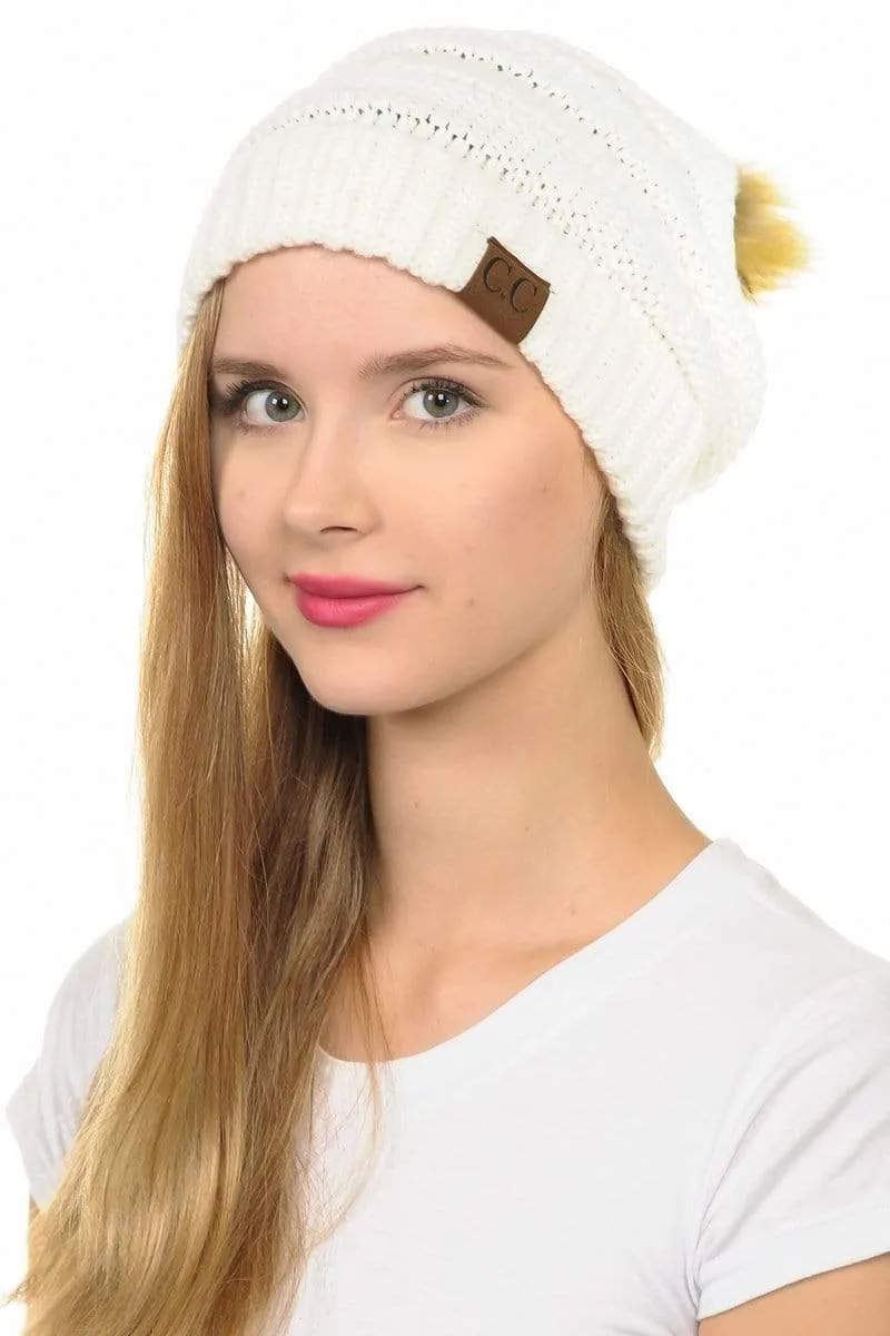 C.C Hat 43 - Slouchy Thick Warm Cap Hat Skully Faux Fur Pom Pom Cable Knit Beanie