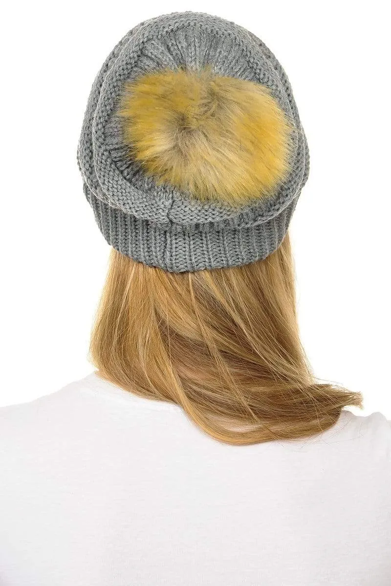 C.C Hat 43 - Slouchy Thick Warm Cap Hat Skully Faux Fur Pom Pom Cable Knit Beanie
