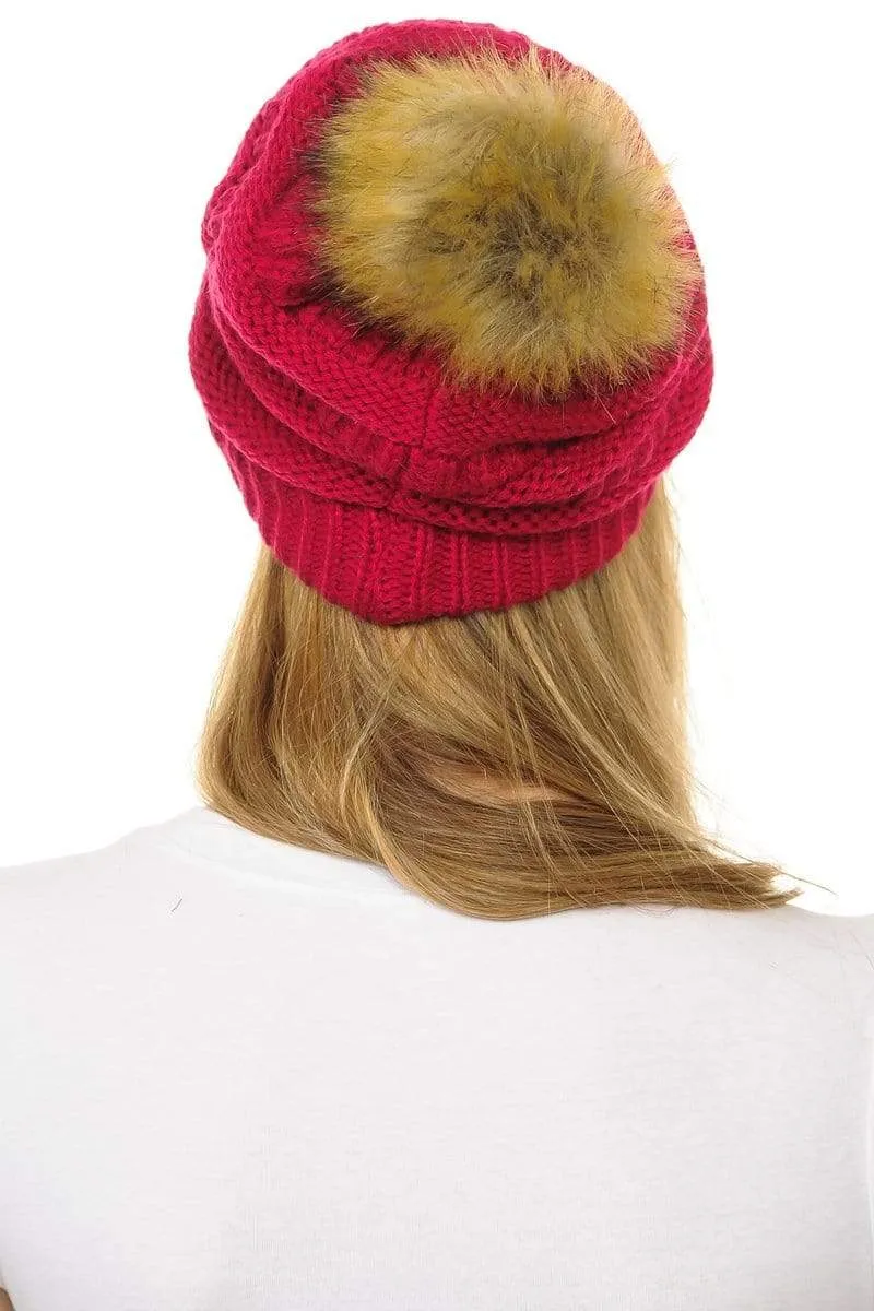 C.C Hat 43 - Slouchy Thick Warm Cap Hat Skully Faux Fur Pom Pom Cable Knit Beanie