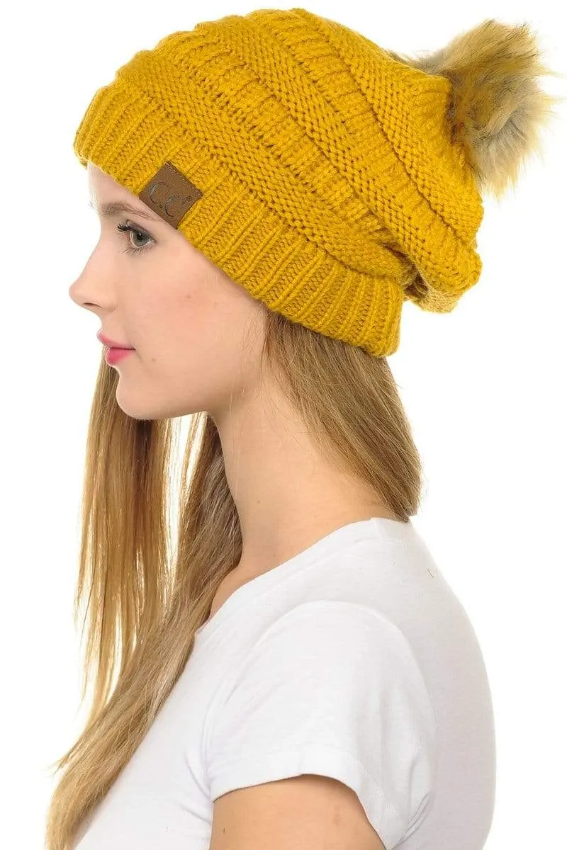 C.C Hat 43 - Slouchy Thick Warm Cap Hat Skully Faux Fur Pom Pom Cable Knit Beanie