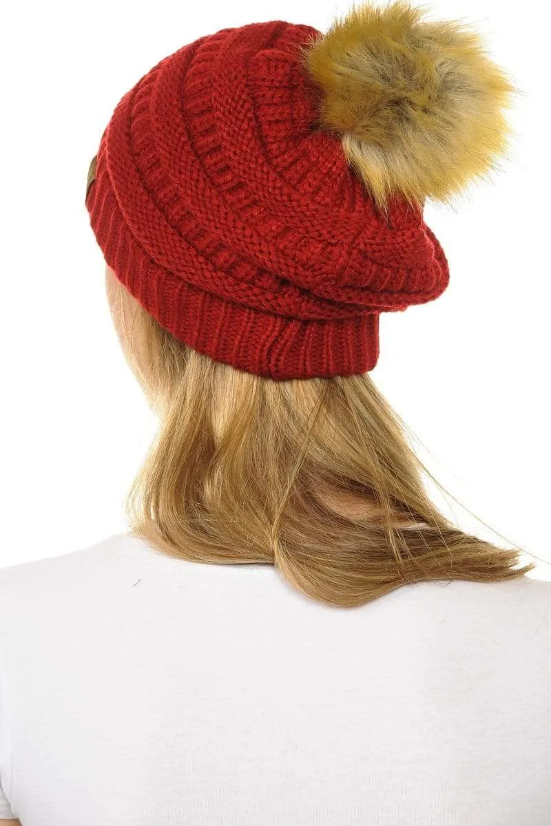C.C Hat 43 - Slouchy Thick Warm Cap Hat Skully Faux Fur Pom Pom Cable Knit Beanie
