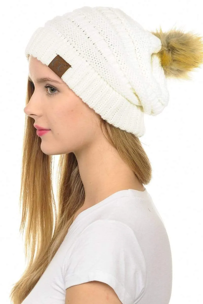C.C Hat 43 - Slouchy Thick Warm Cap Hat Skully Faux Fur Pom Pom Cable Knit Beanie