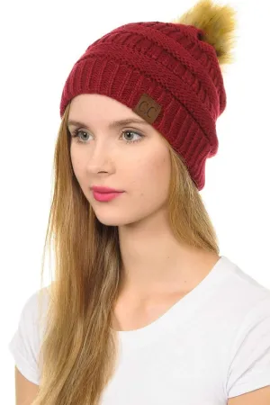 C.C Hat 43 - Slouchy Thick Warm Cap Hat Skully Faux Fur Pom Pom Cable Knit Beanie